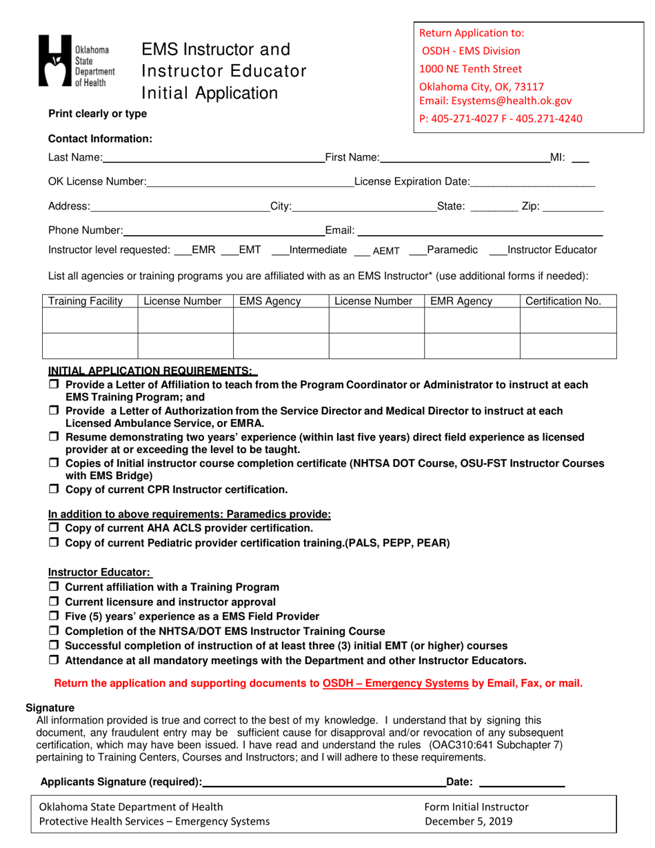 Oklahoma EMS Instructor and Instructor Educator Initial Application