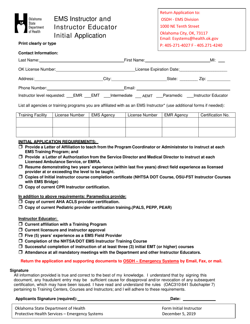 EMS Instructor and Instructor Educator Initial Application - Oklahoma, Page 1