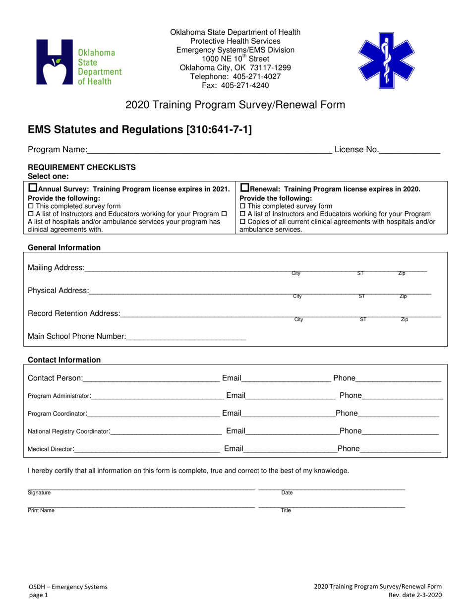 Training Program Survey / Renewal Form - Oklahoma, Page 1