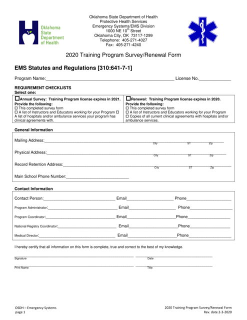 Training Program Survey / Renewal Form - Oklahoma Download Pdf