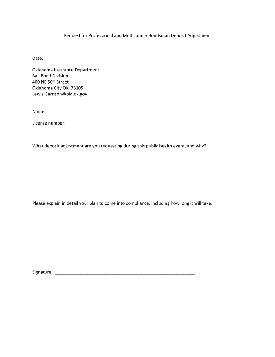 Request for Professional and Multicounty Bondsman Deposit Adjustment - Oklahoma, Page 1