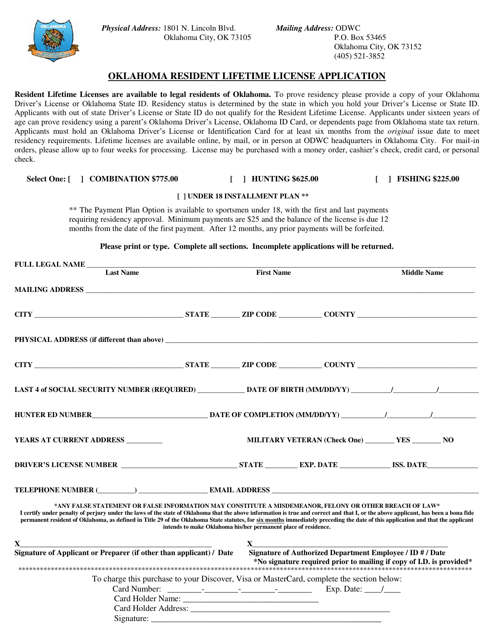 Oklahoma Resident Lifetime License Application - Oklahoma Download Pdf