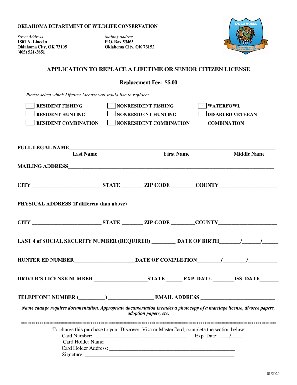 Application to Replace a Lifetime or Senior Citizen License - Oklahoma, Page 1