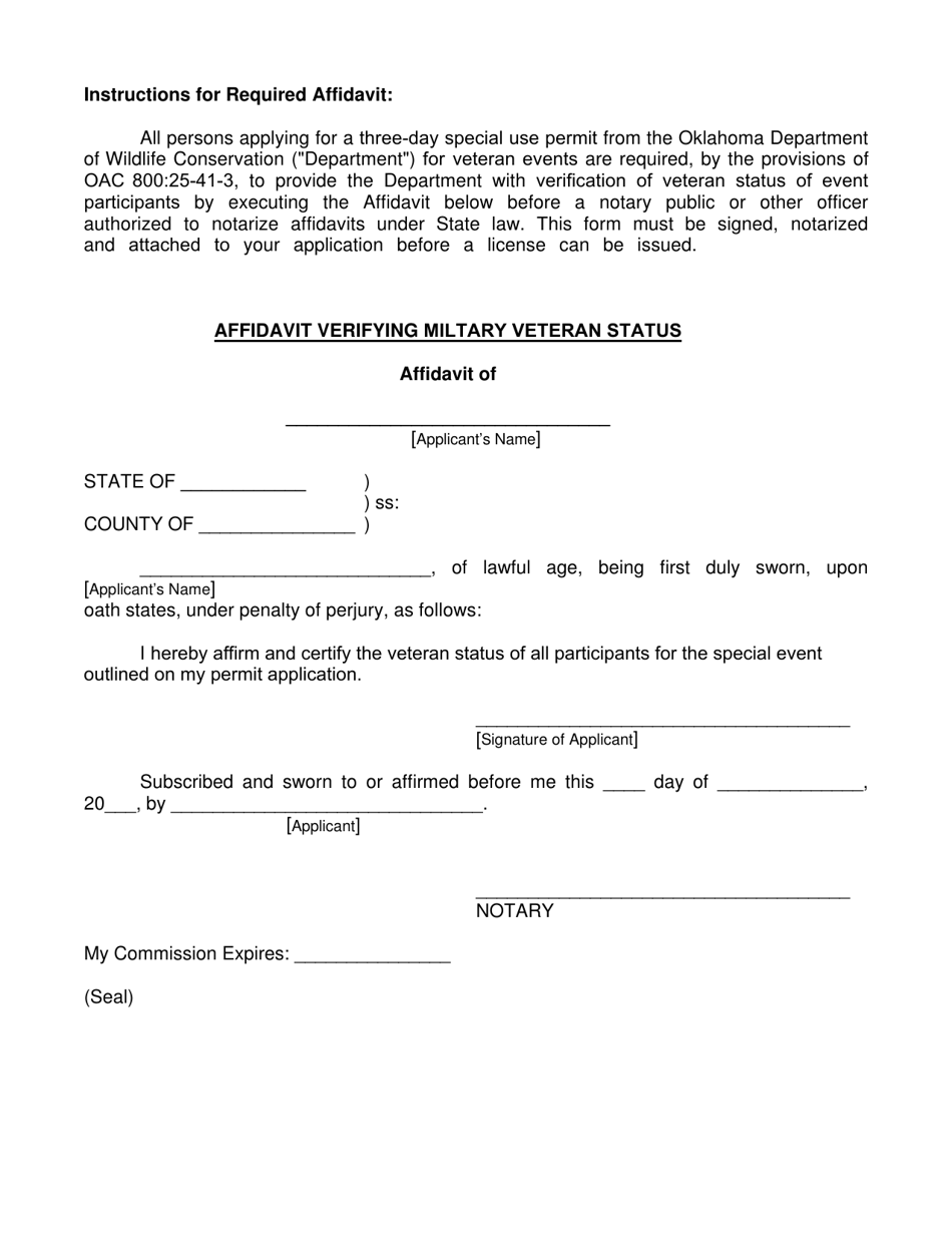 Affidavit Verifying Miltary Veteran Status - Oklahoma, Page 1