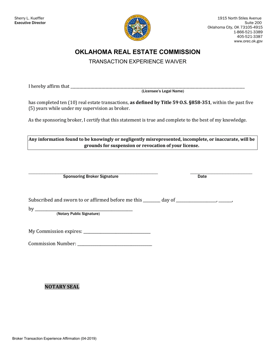 Broker Transaction Experience Affirmation - Oklahoma, Page 1