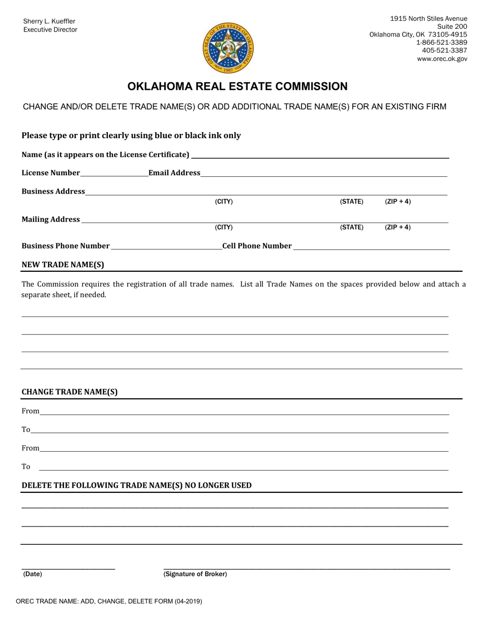 Change and / or Delete Trade Name(S) or Add Additional Trade Name(S) for an Existing Firm - Oklahoma, Page 1