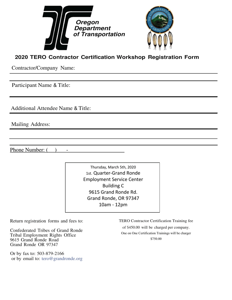 TERO Contractor Certification Workshop Registration Form - Oregon, Page 1