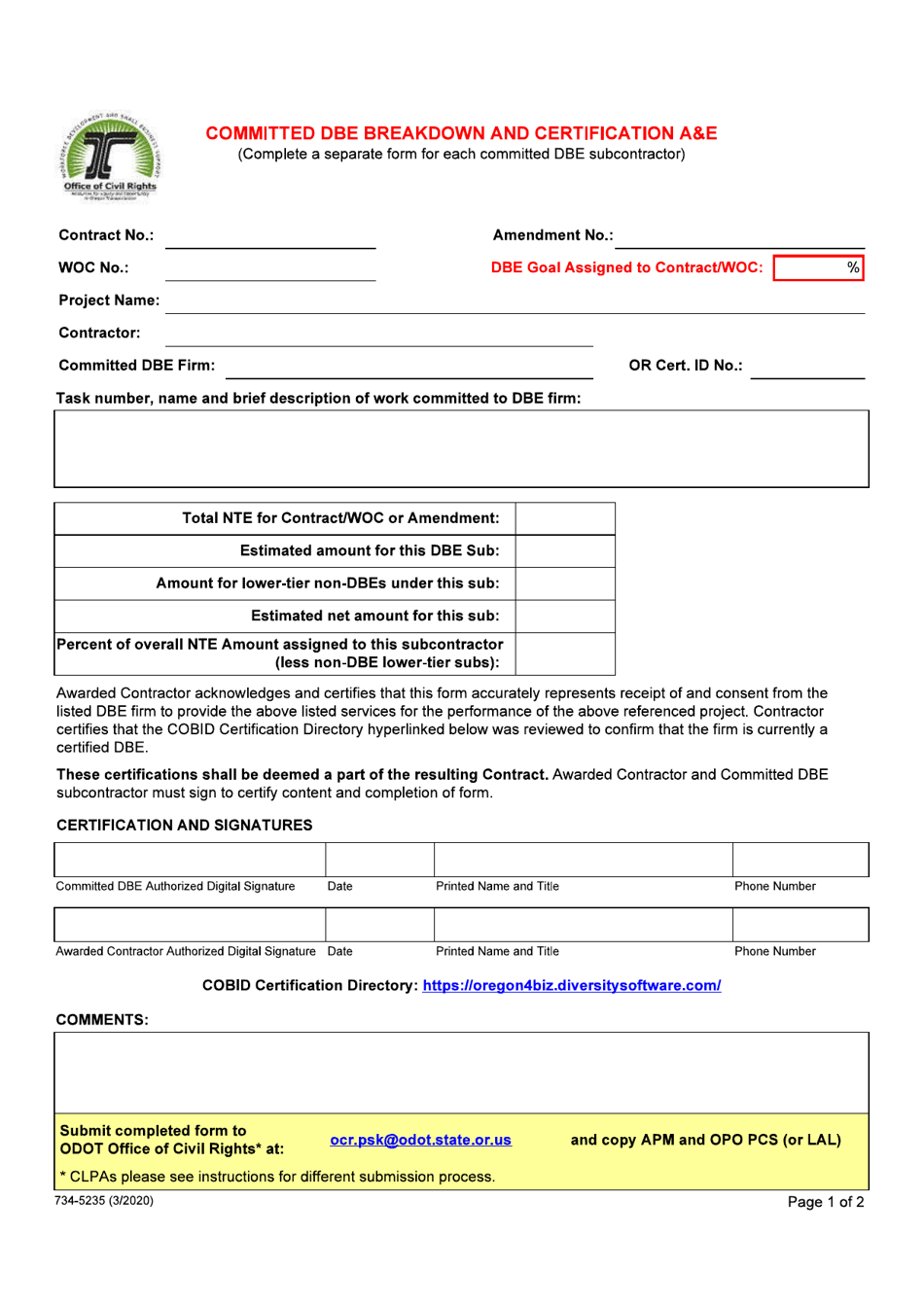 Form 734-5235 Committed Dbe Breakdown and Certification ae - Oregon, Page 1
