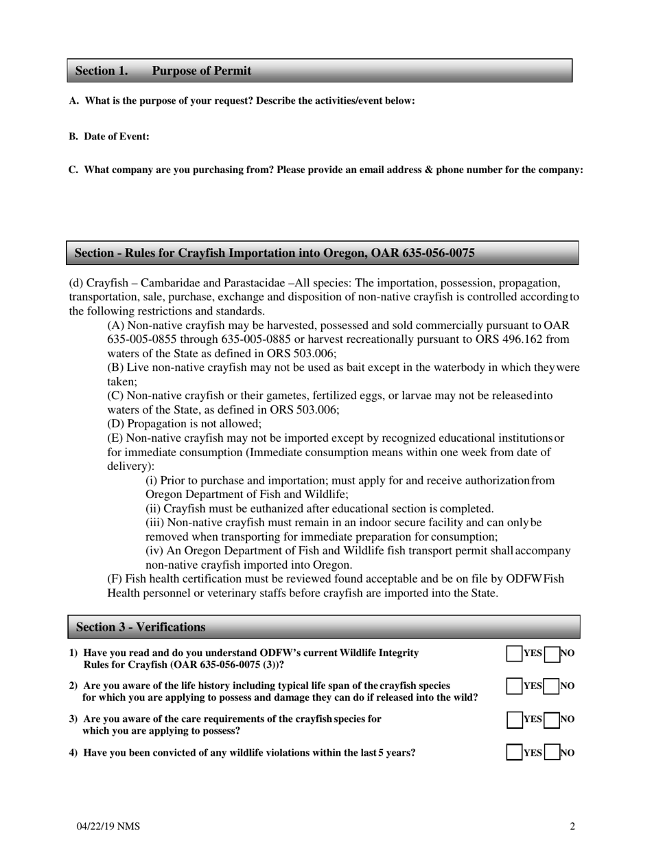 Permit Application for the Importation, Possession, Purchase, or Intrastate Transport of Crayfish for Consumption - Oregon, Page 3