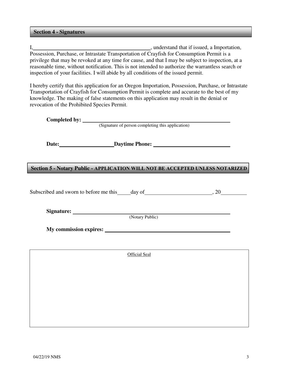 Permit Application for the Importation, Possession, Purchase, or Intrastate Transport of Crayfish for Consumption - Oregon, Page 4