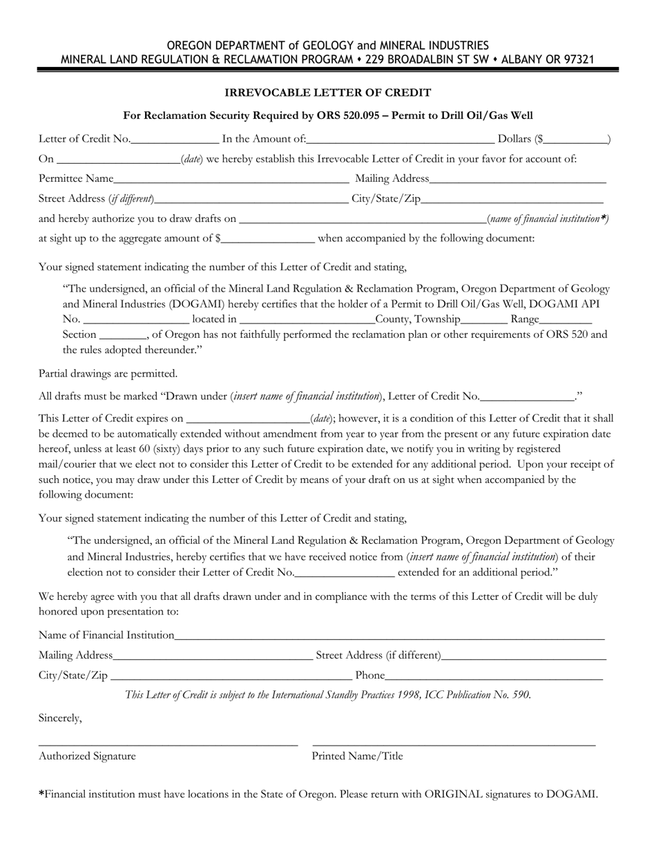 Irrevocable Letter of Credit for Reclamation Security Required by Ors 520.095 - Permit to Drill Oil / Gas Well - Oregon, Page 1