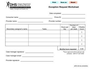 Document preview: Form APD0514A Exception Request Worksheet - Oregon