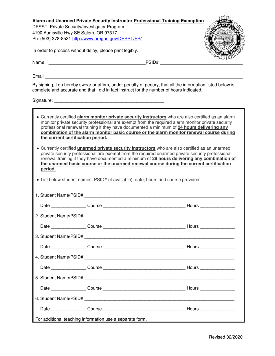 Alarm and Unarmed Private Security Instructor Professional Training Exemption - Oregon, Page 1