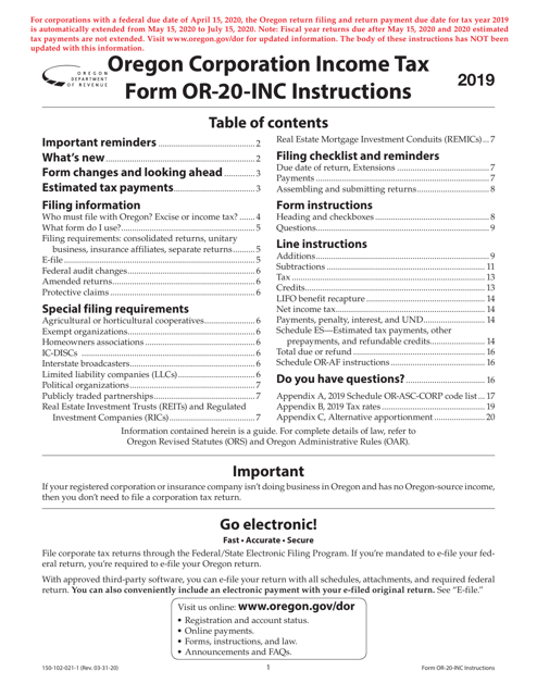 Form OR-20-INC, 150-102-021 2019 Printable Pdf