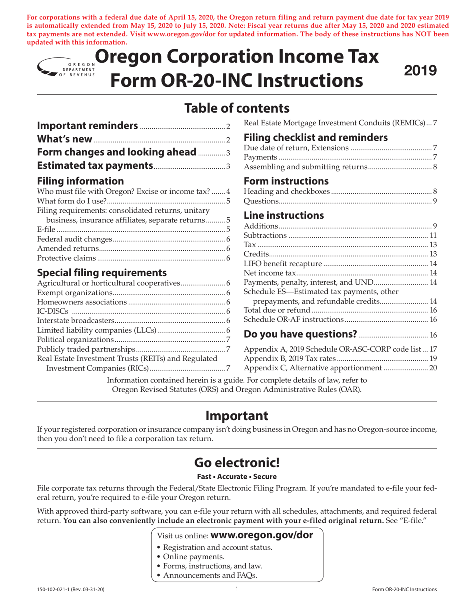 Download Instructions for Form OR20INC, 150102021 Oregon