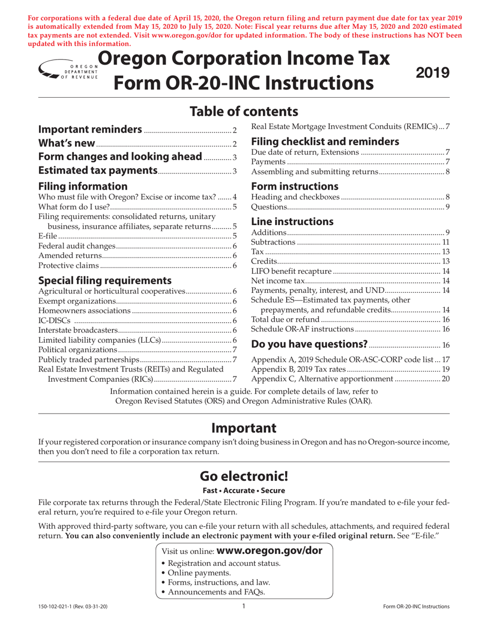 Instructions for Form OR-20-INC, 150-102-021 Oregon Corporation Income Tax Return - Oregon, Page 1