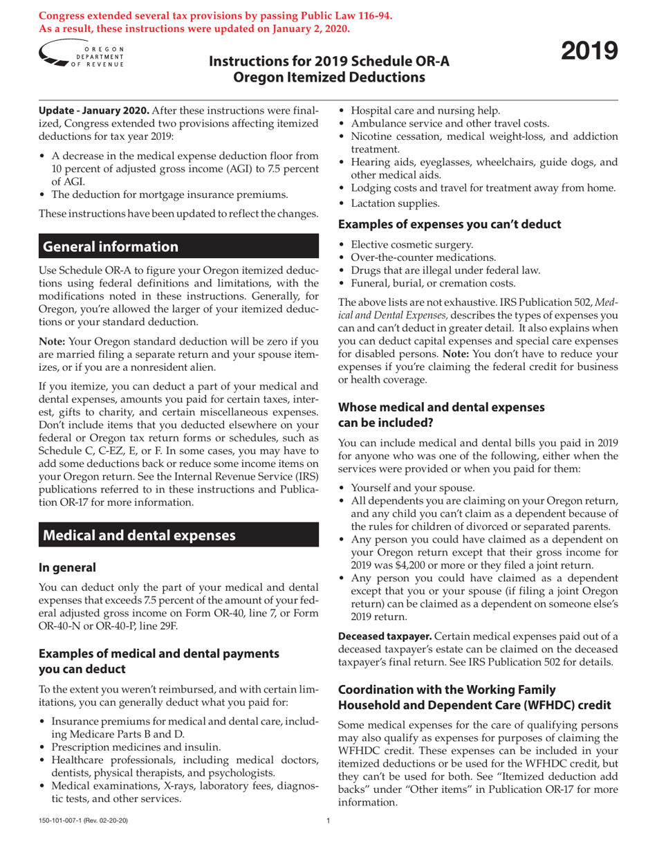 Instructions for Form 150-101-007 Schedule OR-A Oregon Itemized Deductions - Oregon, Page 1