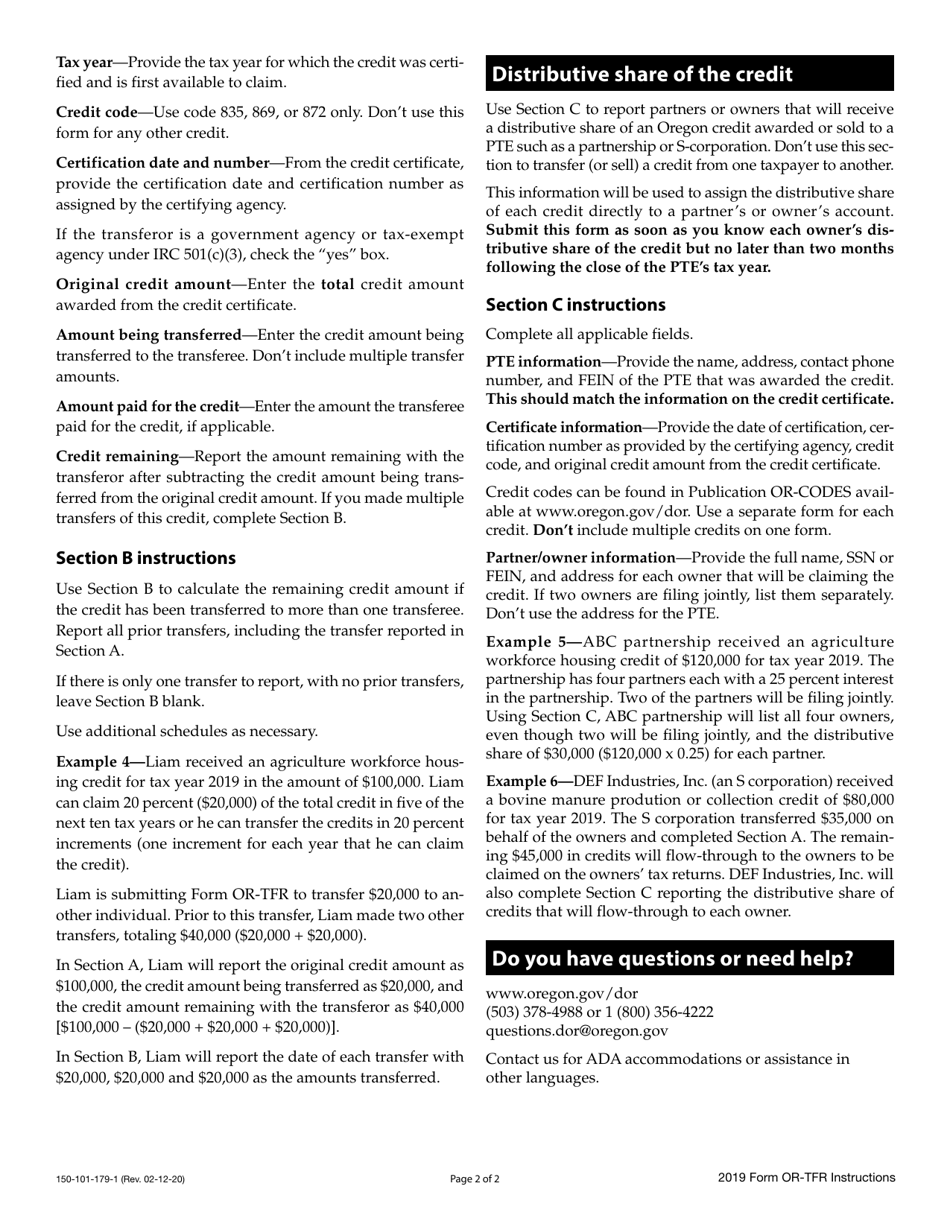 Instructions for Form OR-TFR, 150-101-179 Transfer Notice for Certain Credits - Oregon, Page 2