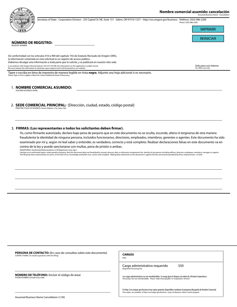 Assumed Business Name - Cancellation - Oregon (English / Spanish), Page 1