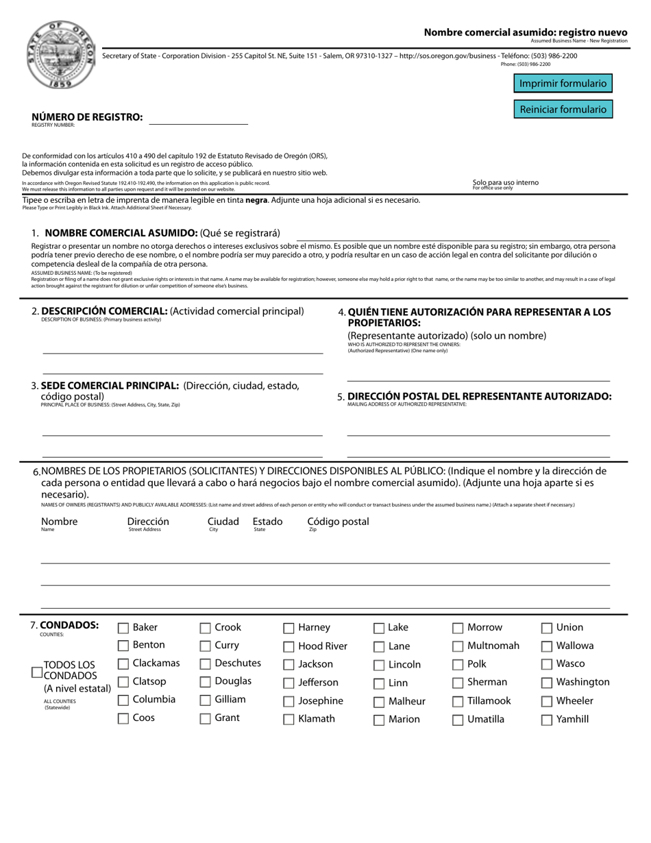 Nombre Comercial Asumido: Registro Nuevo - Oregon (Spanish), Page 1