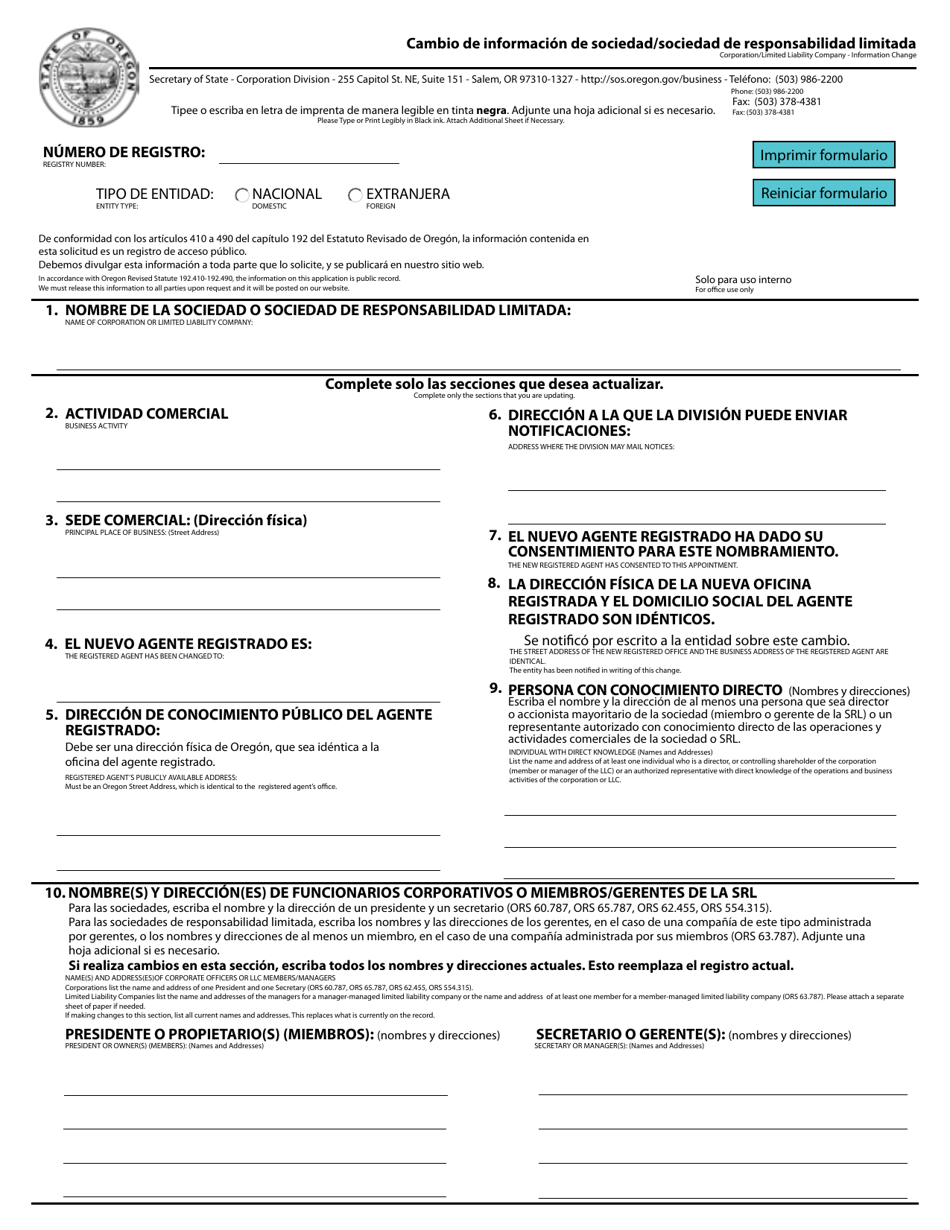 Corporation / Limited Liability Company - Information Change - Oregon (English / Spanish), Page 1