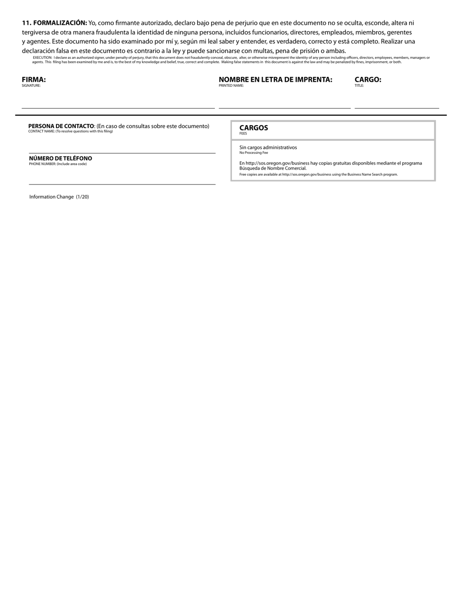 Corporation / Limited Liability Company - Information Change - Oregon (English / Spanish), Page 2