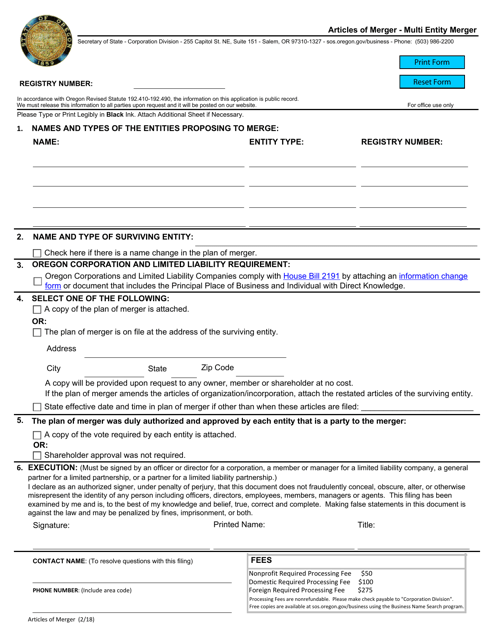 Articles of Merger - Multi Entity Merger - Oregon Download Pdf