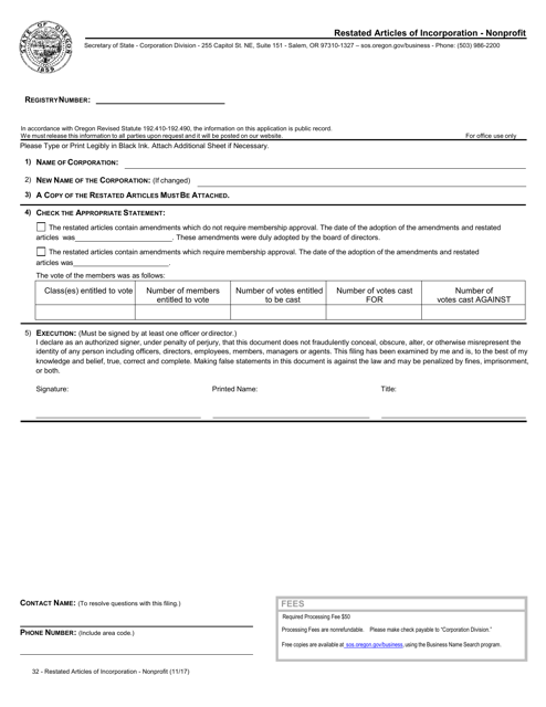 "Restated Articles of Incorporation - Nonprofit" - Oregon Download Pdf