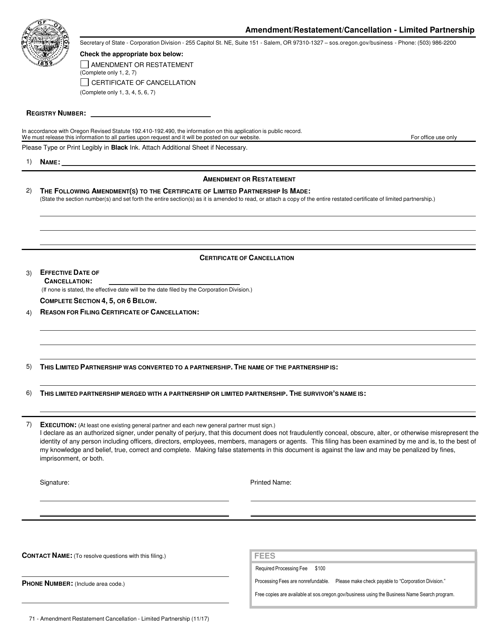 Amendment / Restatement / Cancellation - Limited Partnership - Oregon Download Pdf