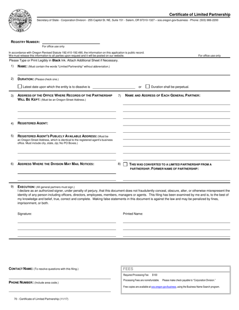 Certificate of Limited Partnership - Oregon Download Pdf