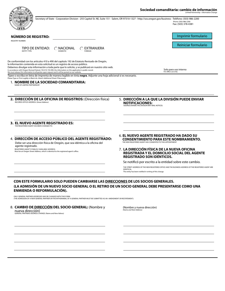 Limited Partnership - Information Change - Oregon (English / Spanish), Page 1
