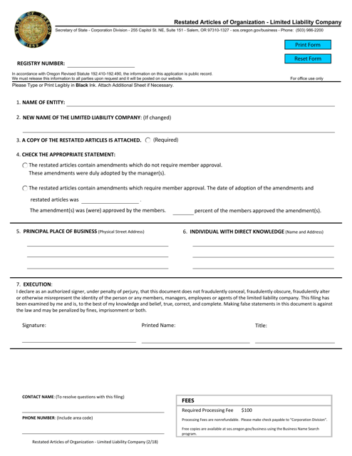 Restated Articles of Organization - Limited Liability Company - Oregon Download Pdf