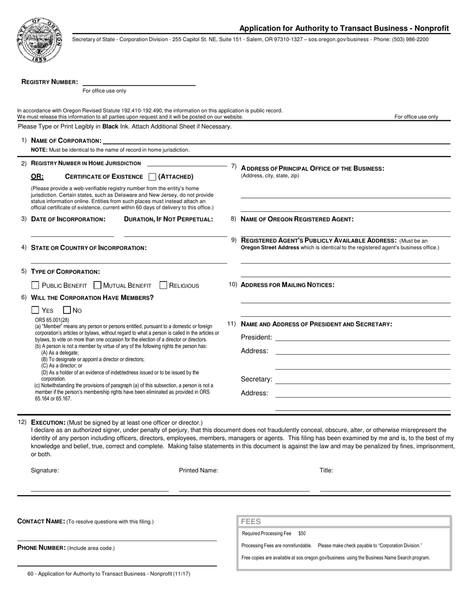 Application for Authority to Transact Business - Nonprofit - Oregon, Page 1