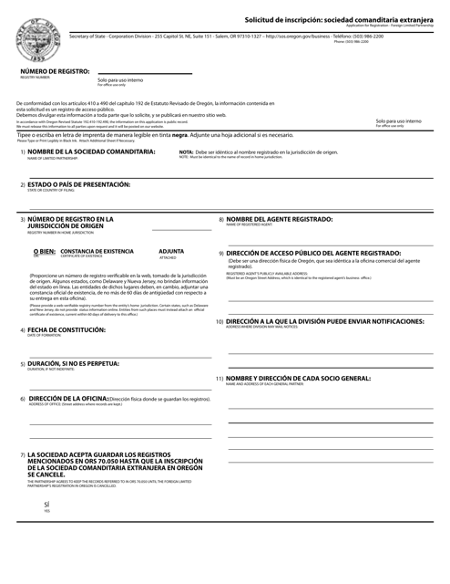 Application for Registration - Foreign Limited Partnership - Oregon (English/Spanish)