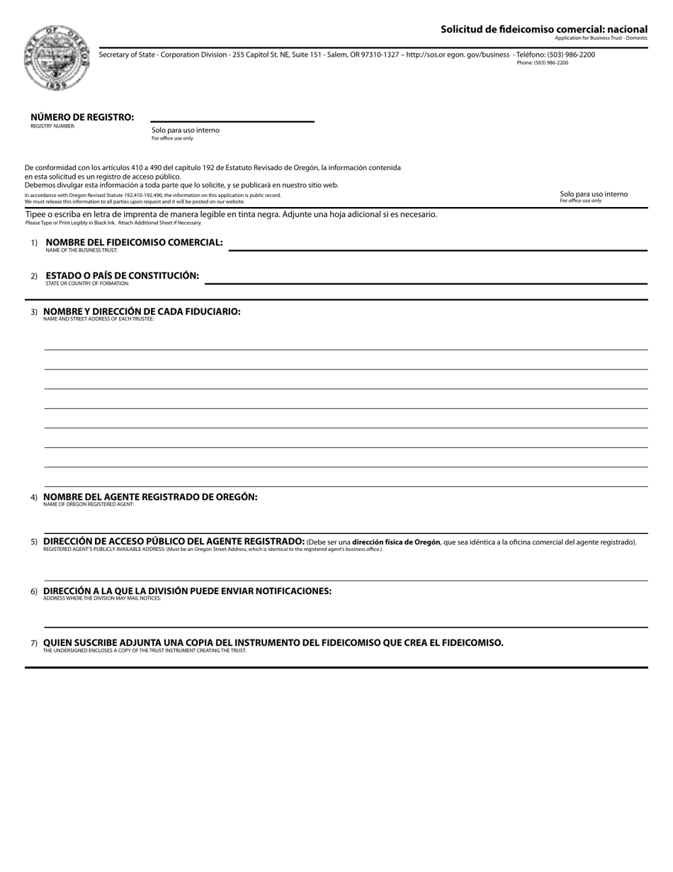 Application for Business Trust - Domestic - Oregon (English / Spanish), Page 1