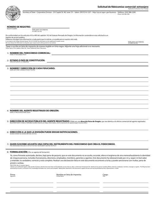 Application for Business Trust - Foreign - Oregon (English / Spanish) Download Pdf
