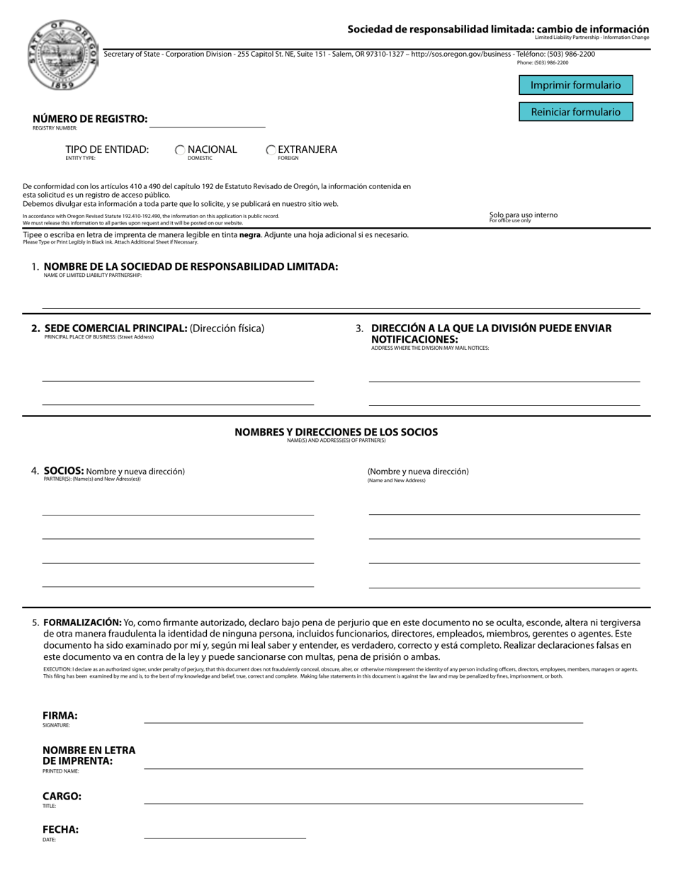 Limited Liability Partnership - Information Change - Oregon (English / Spanish), Page 1