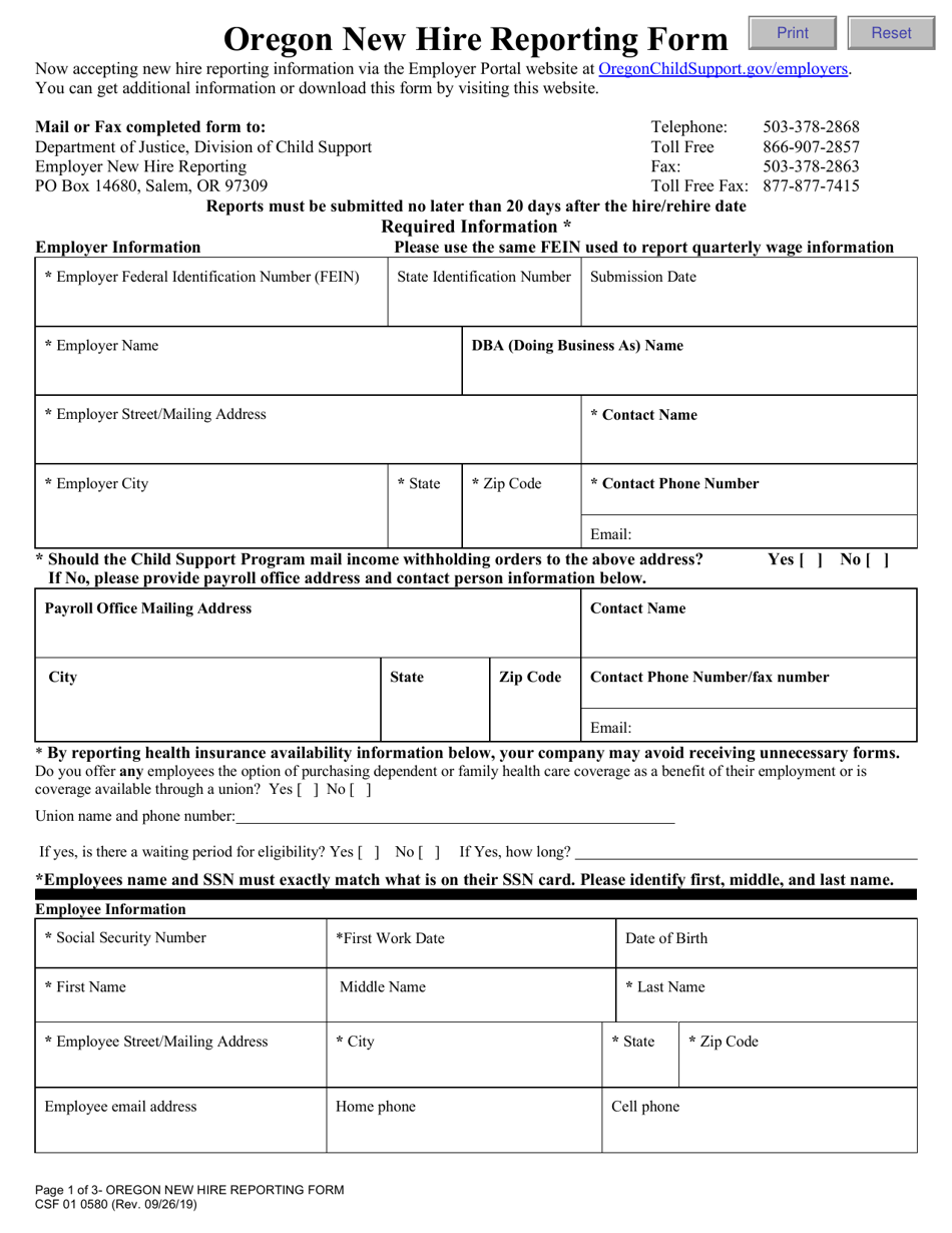 Form CSF01 0580 Employer New Hire Reporting Form - Oregon, Page 1