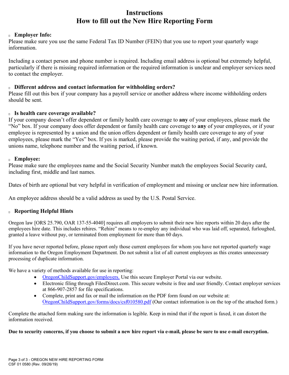 Form CSF01 0580 Employer New Hire Reporting Form - Oregon, Page 3