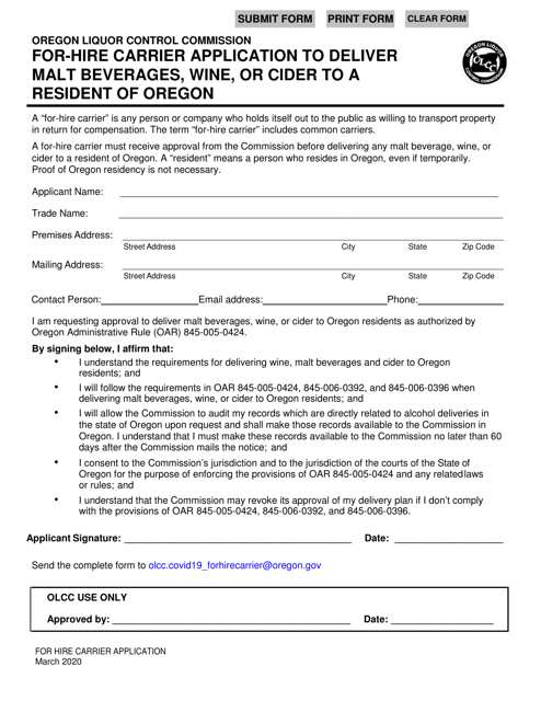 For-Hire Carrier Application to Deliver Malt Beverages, Wine, or Cider to a Resident of Oregon - Oregon Download Pdf