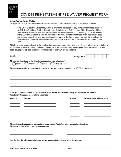 Covid19 Reinstatement Fee Waiver Request Form - Oregon