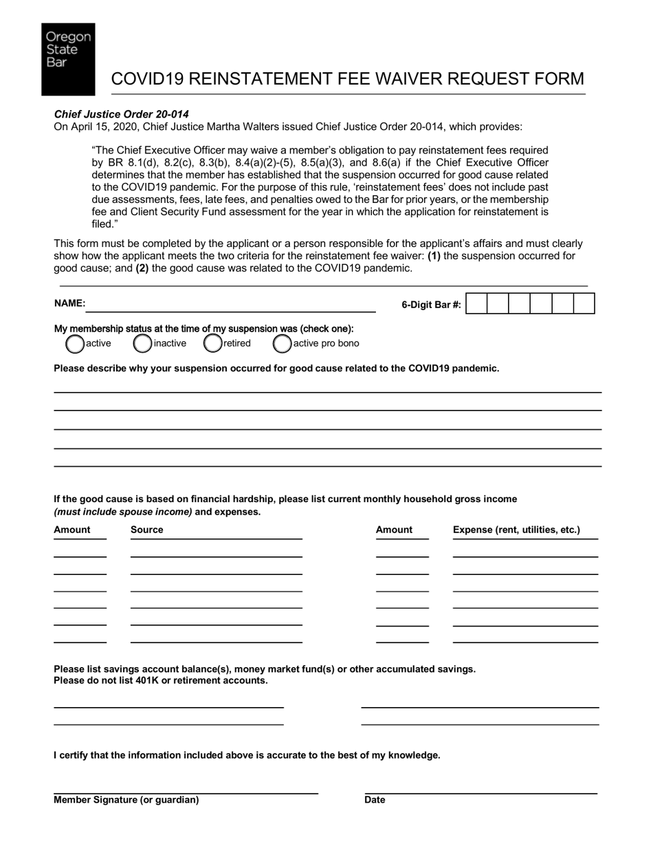 Covid19 Reinstatement Fee Waiver Request Form - Oregon, Page 1