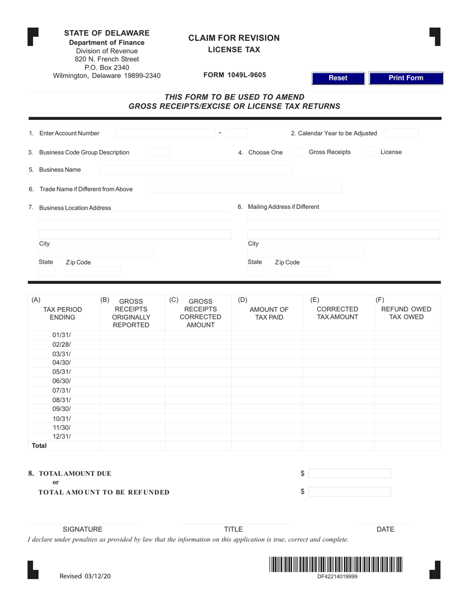 Form 1049L-9605 Claim for Revision License Tax - Delaware, Page 1