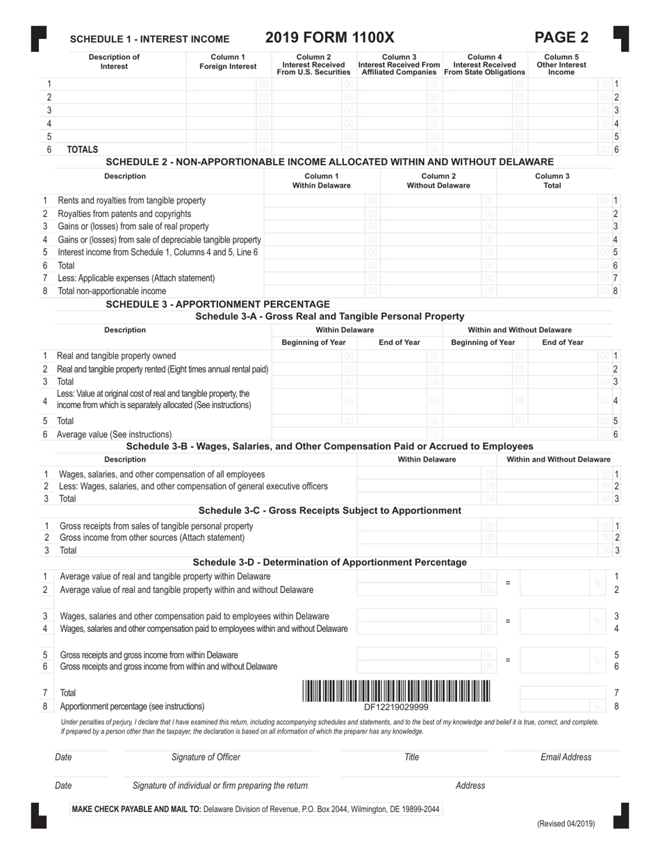Form 1100X Amended Delaware Corporation Income Tax Return - Delaware, Page 2