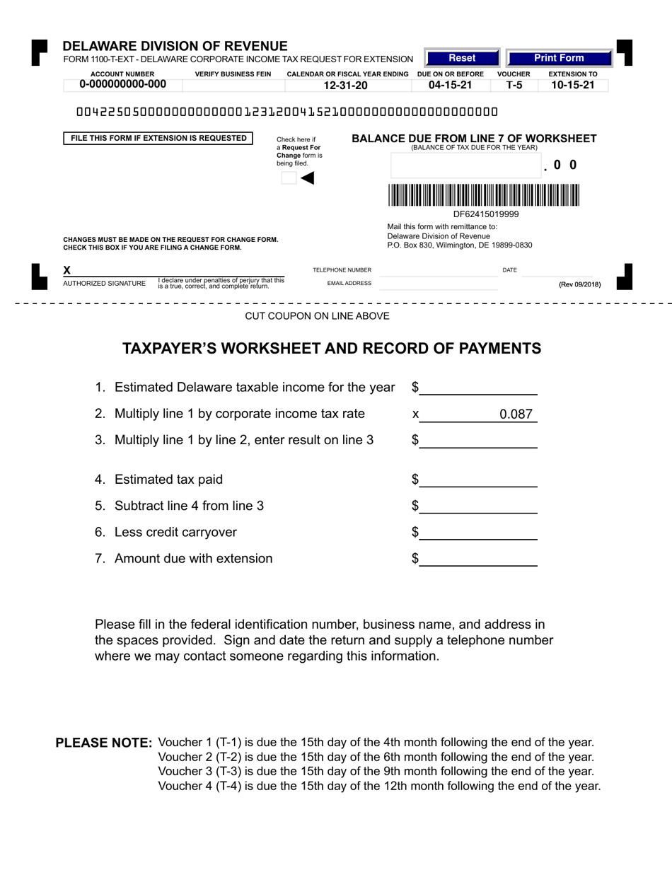 Form 1100T-EXT Delaware Corporate Income Tax Request for Extension - Delaware, Page 1