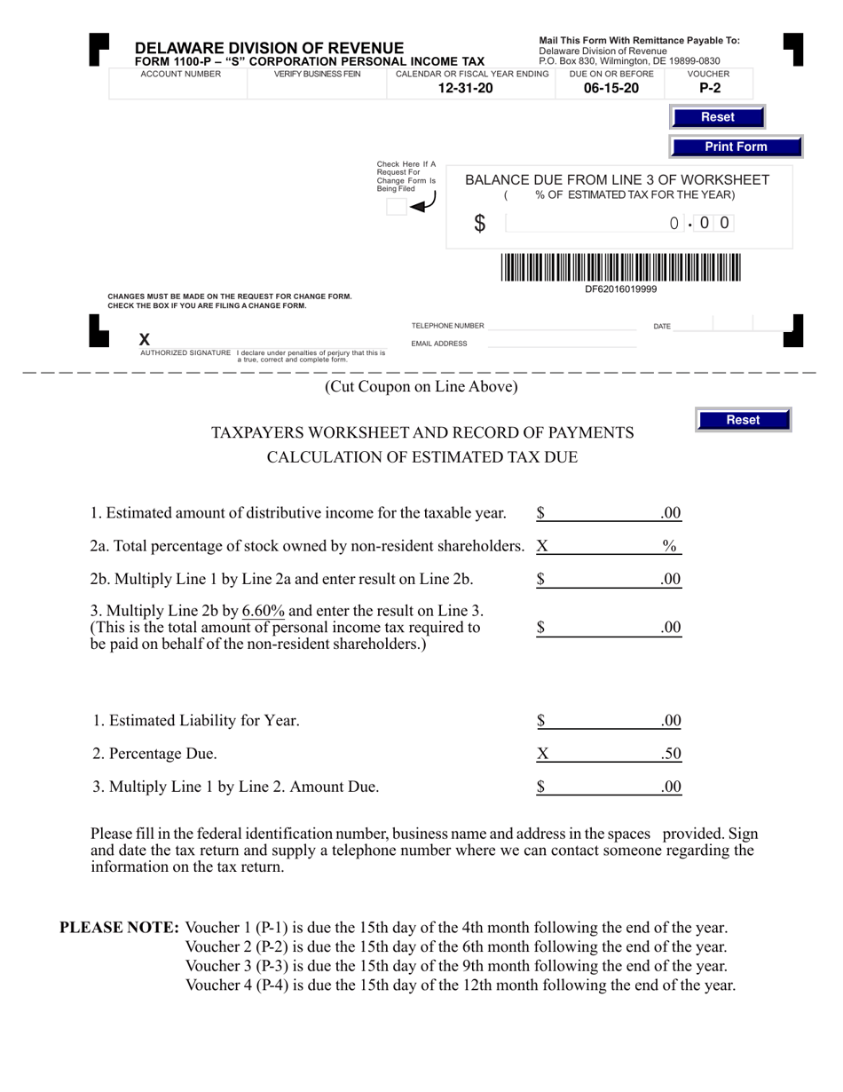 Form 1100P-2 s Corporation Personal Income Tax - Delaware, Page 1