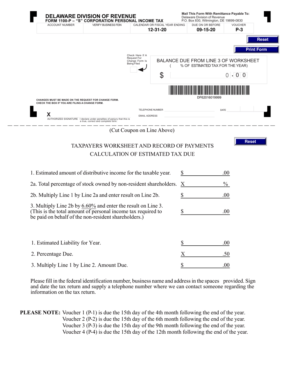 Form 1100P-3 s Corporation Personal Income Tax - Delaware, Page 1