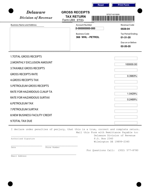 Form LM4 Petroleum Wholesale - Monthly Gross Receipts Tax Return - Delaware, 2020
