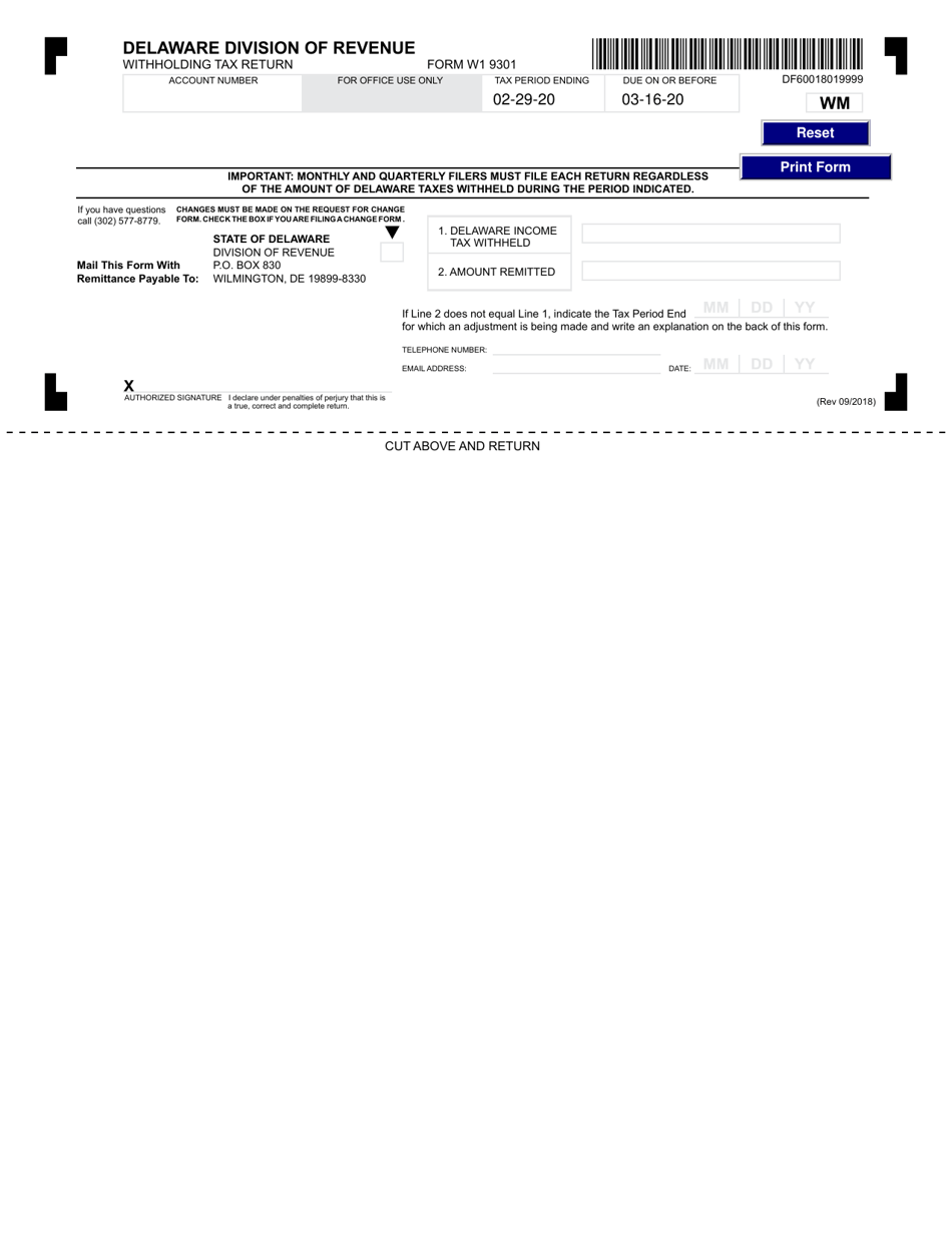 Form W1 Monthly Withholding Reporting Form - Delaware, Page 1