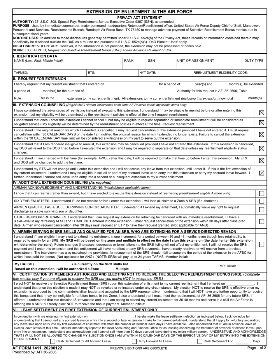 AF Form 1411 Extension of Enlistment in the Air Force, Page 1